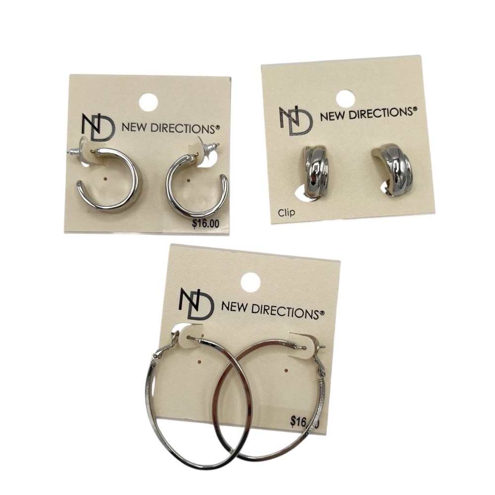 NWT New Directions Hoops Silver Tone Pierced & Clip On Earrings Lot
